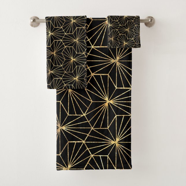 Retro Art Deco Gold Black Geometric Pattern Badhandtuch Set (Insitu)
