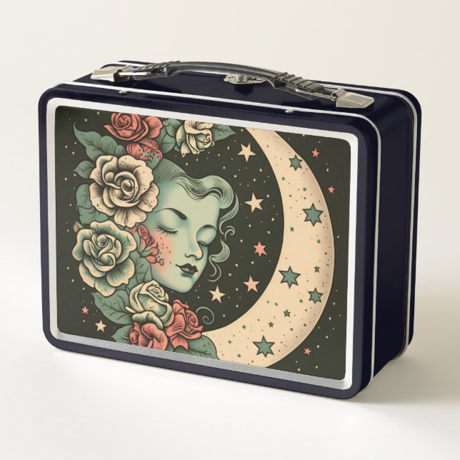 Retro Art Deco Green Crescent Moon Lady Metall Brotdose (Rückseite)