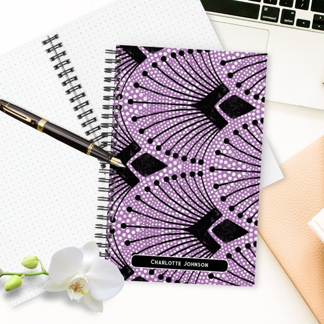 Retro Art Deco Lila Schwarz-weißes Pfauenmuster Notizbuch (Art Deco Purple Black White Modern Peacock Pattern Notebook ©Susanne Sachers - Sunny Mind 🌞)