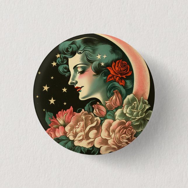 Retro Art Deco Moon Lady & Blume Button (Vorderseite)