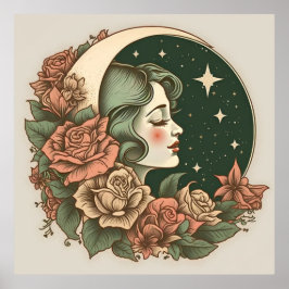 Retro Art Deco Moon Lady Stars & Blume Poster