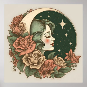 Retro Art Deco Moon Lady Stars & Blume Poster