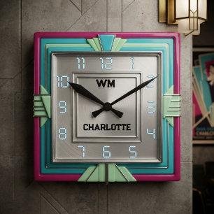 Retro-Art-Deco-Neon-Rosa-Türkis-Grün der 1980er Ja Quadratische Wanduhr