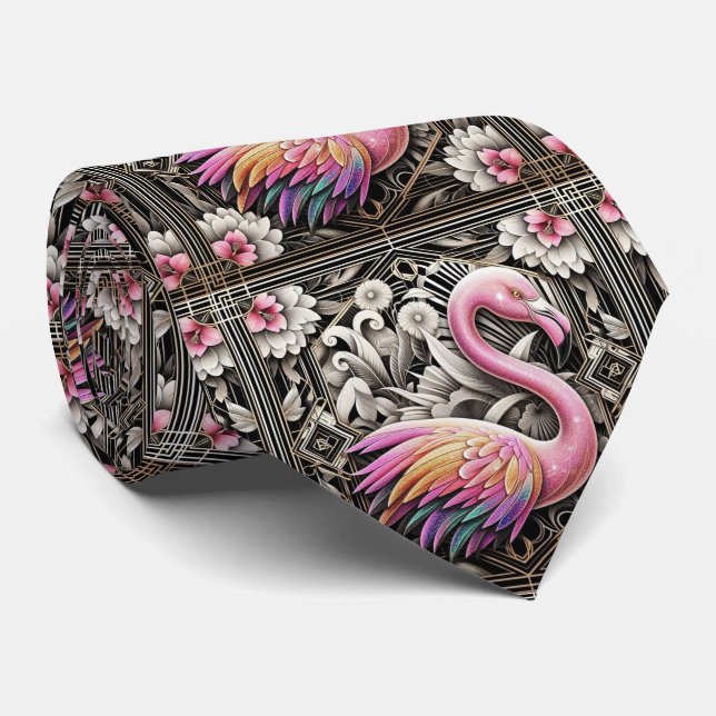 Retro Art Deco Pink Flamingos Krawatte (Gerollt)