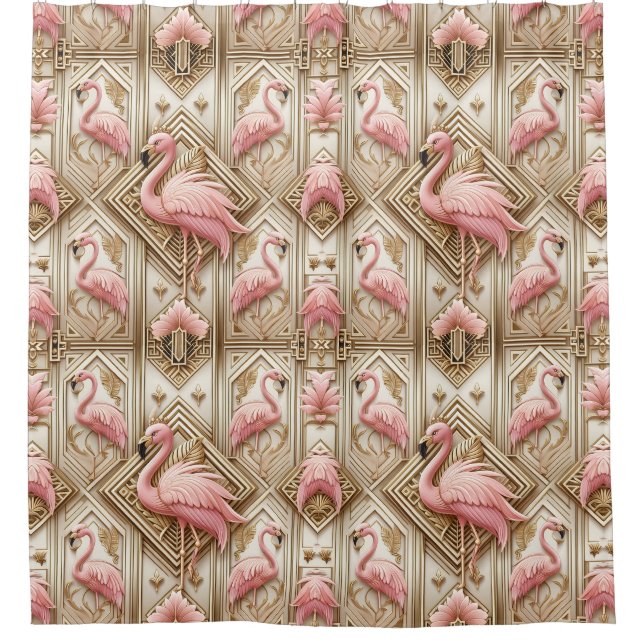 Retro-Art-Deco-Rosa-Flamingos Duschvorhang (Vorderseite)