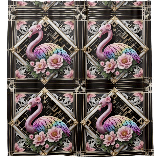 Retro-Art Deco Rosa Flamingos Duschvorhang (Vorderseite)