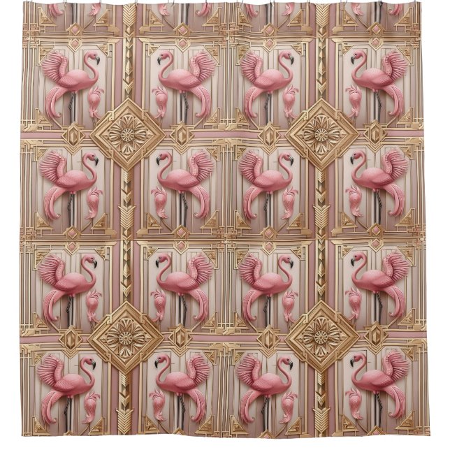 Retro-Art-Deco-Rosa-Flamingos Duschvorhang (Vorderseite)