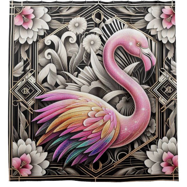 Retro-Art Deco Rosa Flamingos Duschvorhang (Vorderseite)