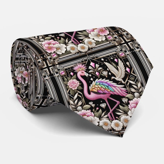 Retro-Art Deco Rosa Flamingos Krawatte (Gerollt)