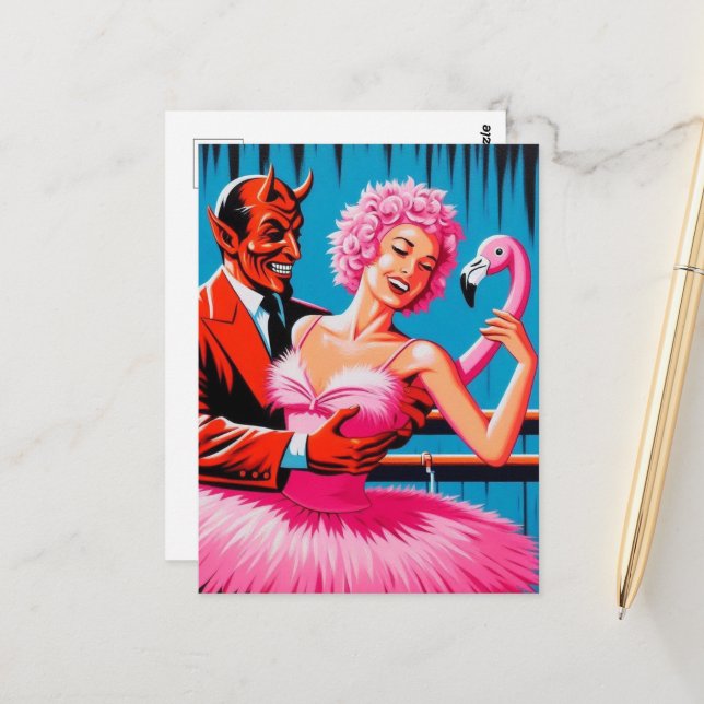 Retro Art Devil mit Ballet Dancer rosa Flamingo Postkarte (Vorderseite/Rückseite Beispiel)