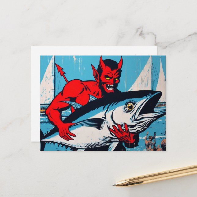 Retro Art Devil mit einem Tunfisch der Beach Grung Postkarte (Vorderseite/Rückseite Beispiel)