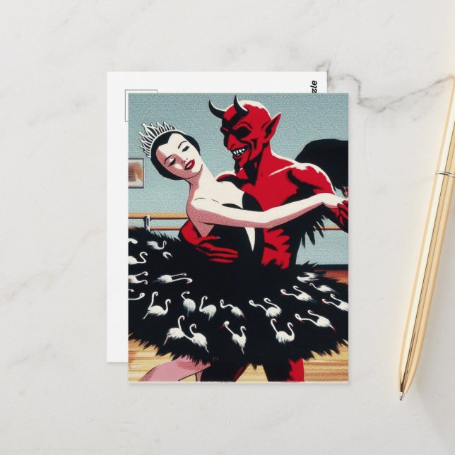 Retro Art Devil with Ballet Dancer Swan Dress Postkarte (Vorderseite/Rückseite Beispiel)