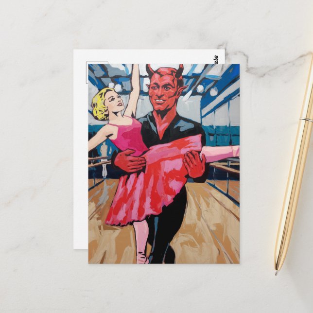 Retro Art Devil with Dancer in einem rosa Kleid Postkarte (Vorderseite/Rückseite Beispiel)