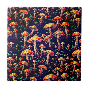 Retro Art Mushrooms - Biolumineszenz Dreamscape Fliese