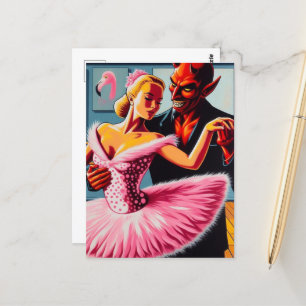 Retro-Art-Teufel mit Flamingo-Tänzer Postkarte