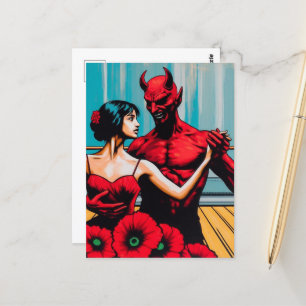 Retro-Art Teufel mit Tänzerin in einem roten Mohnk Postkarte