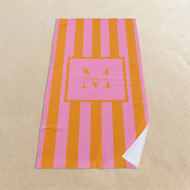 Retro Ästhetik Pink Orange Personalisiert Monogram Strandtuch (Von Creator hochgeladen)