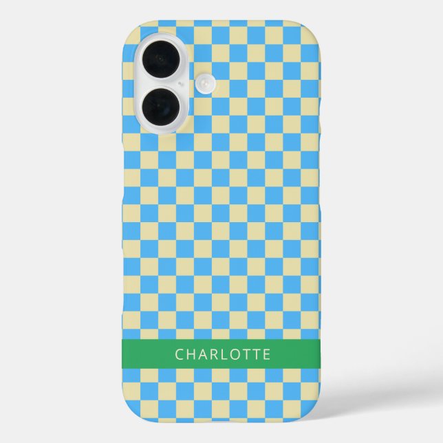 Retro-Ästhetische Checkerboard Blau Personalisiert iPhone 16 Hülle (Rückseite)