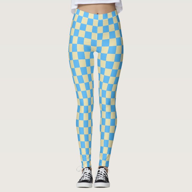 Retro Ästhetisches Prüfbrettmuster Blau Weiß Leggings (Vorderseite)