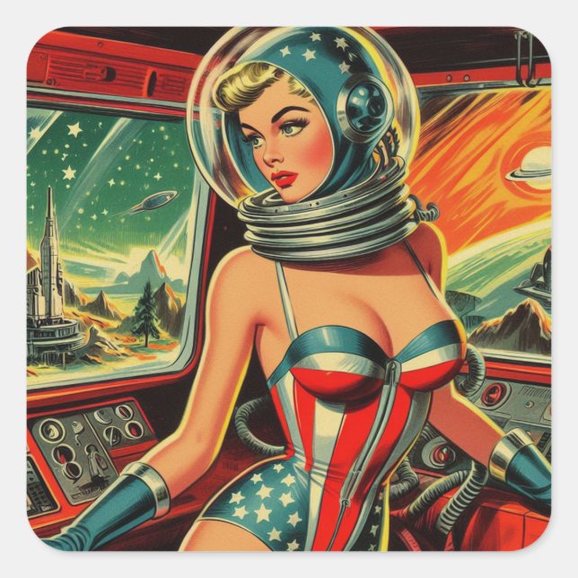 Retro Astronaut Girl Quadratischer Aufkleber (Vorderseite)