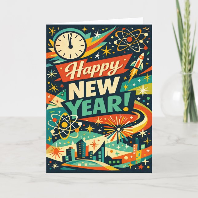 Retro-Atom-Space-Age-Neujahr Feiertagskarte (Vorderseite)