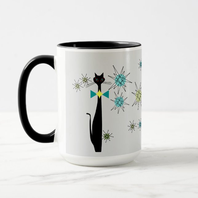 Retro Atoma Ära Cool Cat & Stars Gray Mitte Jahrhu Tasse (Links)