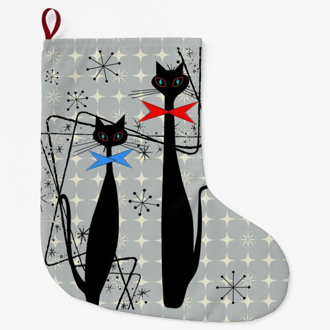 Retro Atoma Mitte Jahrhundert Modernes Cooles Katz Großer Weihnachtsstrumpf (Vorderseite)