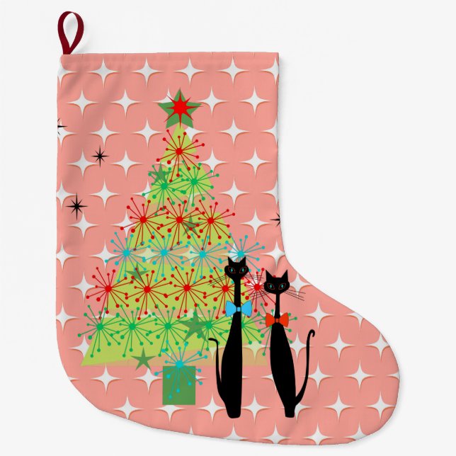 Retro Atoma Mitte Jahrhundert Modernes Cooles Katz Großer Weihnachtsstrumpf (Vorderseite)
