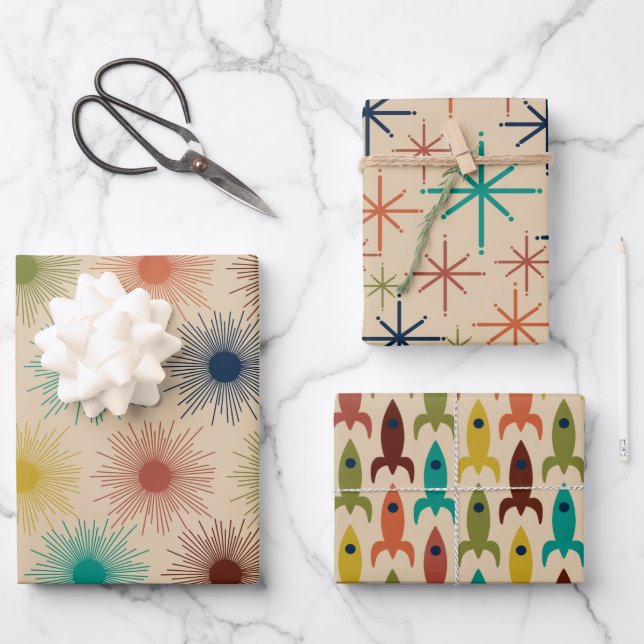 Retro Atomage Mitteljahrhundert Mod Suns Stars Roc Geschenkpapier Set (Vorderseite)