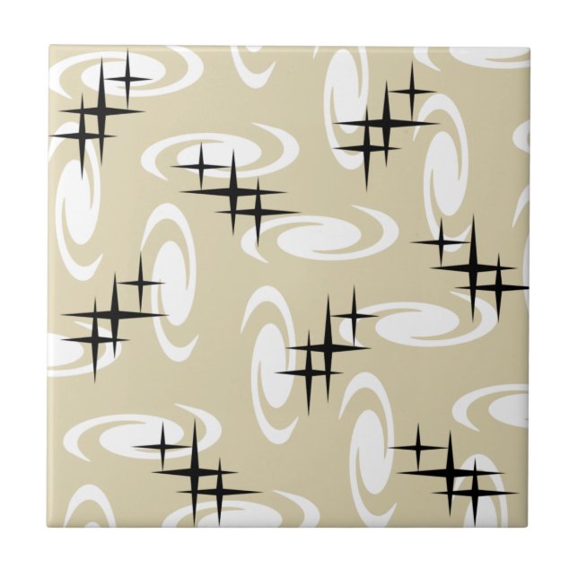Retro Atomage Wirbel Stars Muster Beige Fliese (Vorderseite)