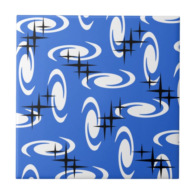 Retro Atomage Wirbel Sternmuster Blau Fliese (Vorderseite)