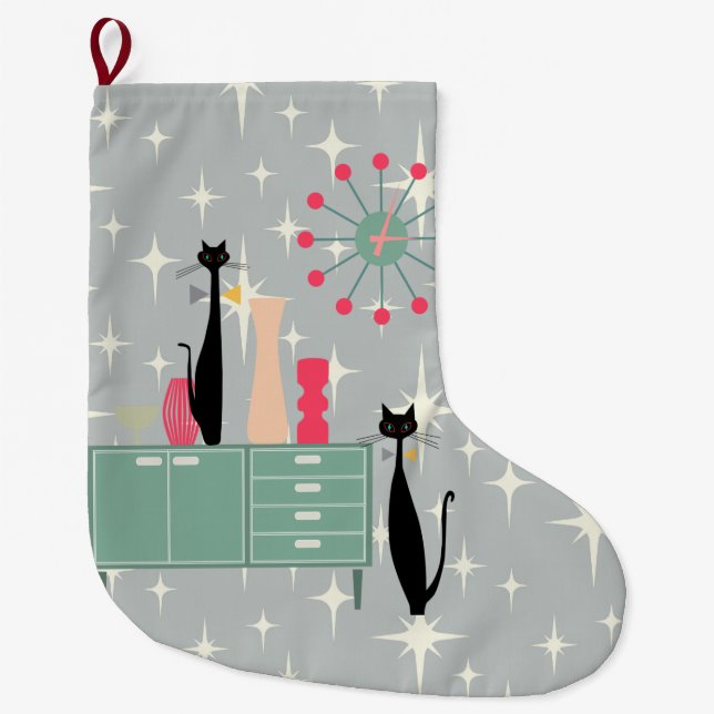 Retro Atomära-Katzen u. Uhr-WeihnachtsStrumpf Großer Weihnachtsstrumpf (Vorderseite)