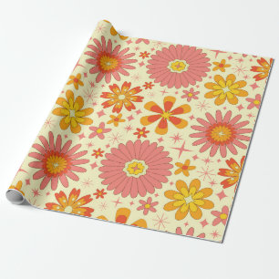 Retro-atomare Blumen mit Sternenexplosionen auf Cr Geschenkpapier