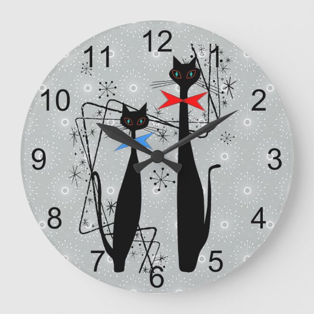 Retro Atomera Mitte Jahrhundert Moderne Coole Katz Große Wanduhr (Vorderseite)