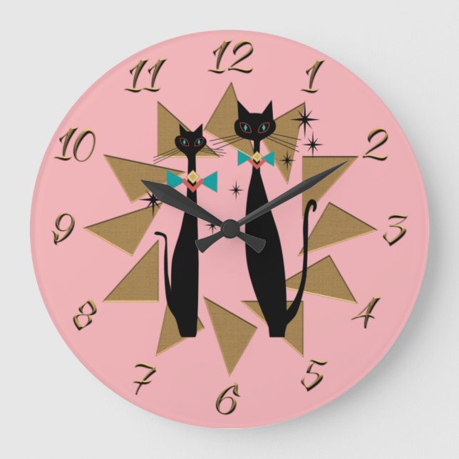 Retro Atomera Mitte Jahrhundert Moderne Coole Katz Große Wanduhr (Vorderseite)