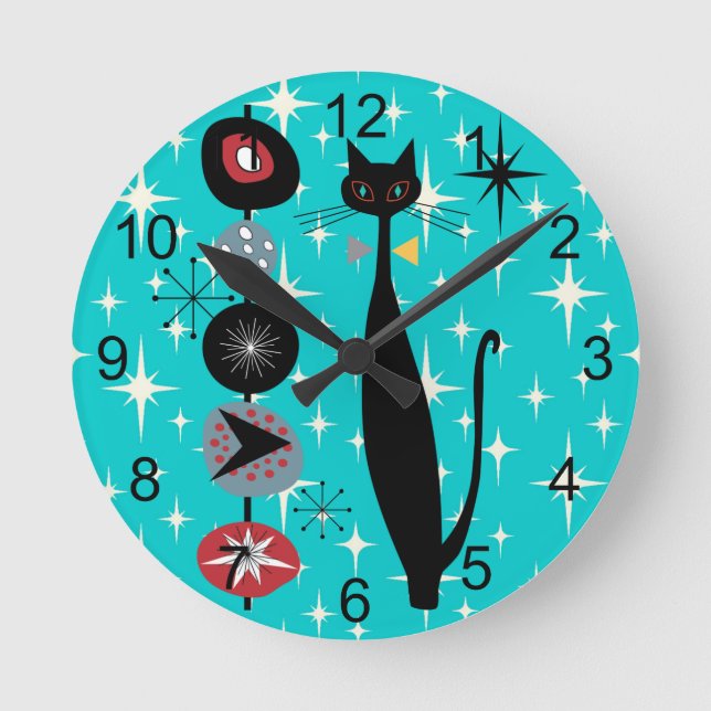Retro Atomera Mitte Jahrhundert Moderne MCM Coole  Runde Wanduhr (Vorderseite)