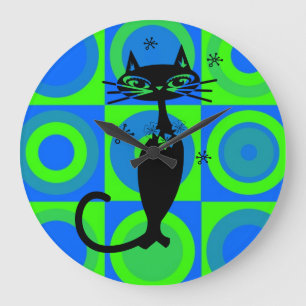 RETRO ATOMIC BLACK CAT CLOCK GROßE WANDUHR