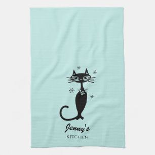 Retro Atomic Black Cat Personalisiert Küchentuch