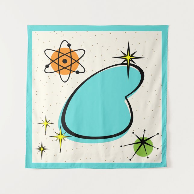 Retro Atomic Boomerang und Sternexplosionen Tapest Wandteppich (Vorderseite)