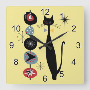 Retro Atomic Era Mid Century Modern MCM Cool Cat 3 Quadratische Wanduhr