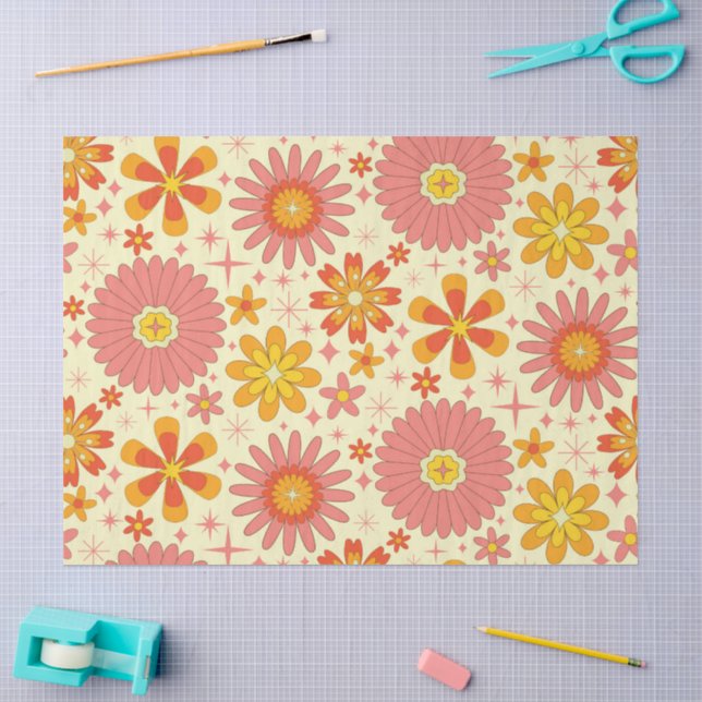 Retro atomic flowers with starbursts on cream  seidenpapier (Basteln)