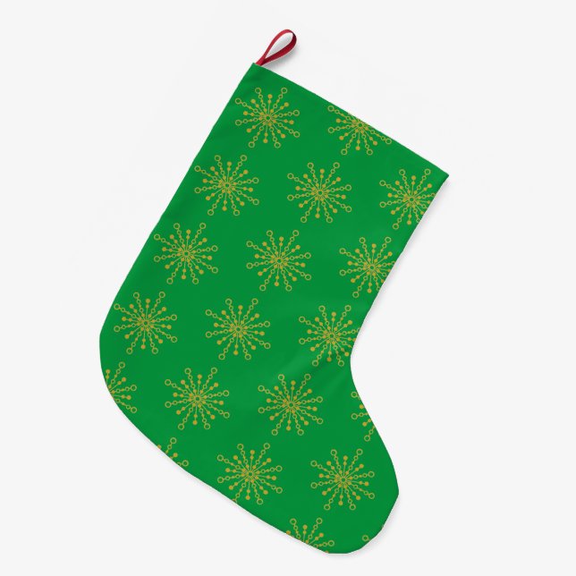 Retro Atomic Mid Century Mod Green Gold Großer Weihnachtsstrumpf (Vorderansicht (hängend))