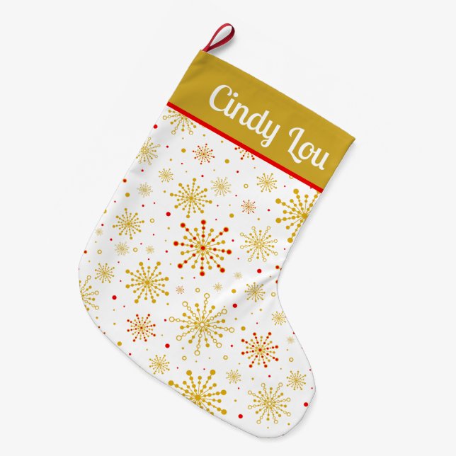 Retro Atomic Mitte des Jahrhunderts Modernes Gold  Großer Weihnachtsstrumpf (Vorderansicht (hängend))