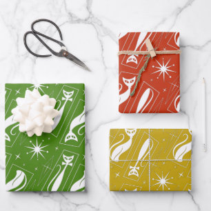 Retro Atomic Star Cat MidCentury 1970er Weihnachte Geschenkpapier Set