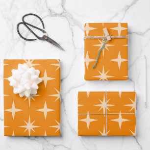 Retro-Atomsterne-Muster auf Orange Geschenkpapier Set