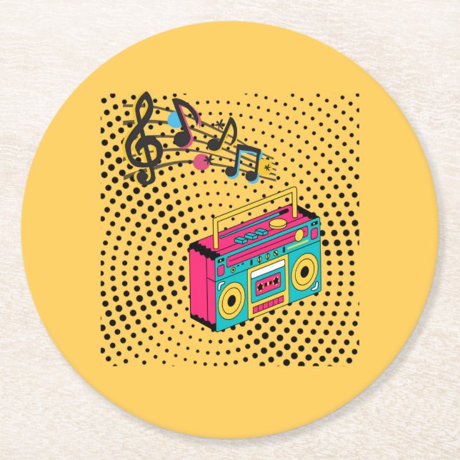Retro Audio Boombox. Runder Pappuntersetzer (Vorderseite)