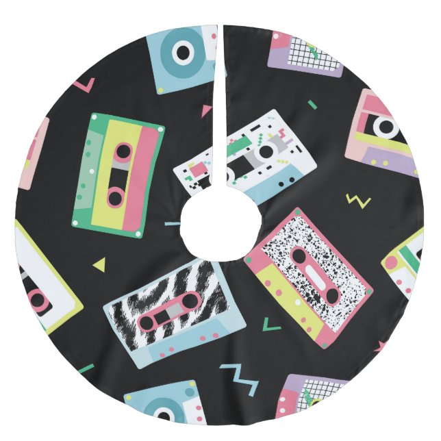 Retro-Audiobänder, 80er-Stil-Muster. Polyester Weihnachtsbaumdecke (Vorderseite)