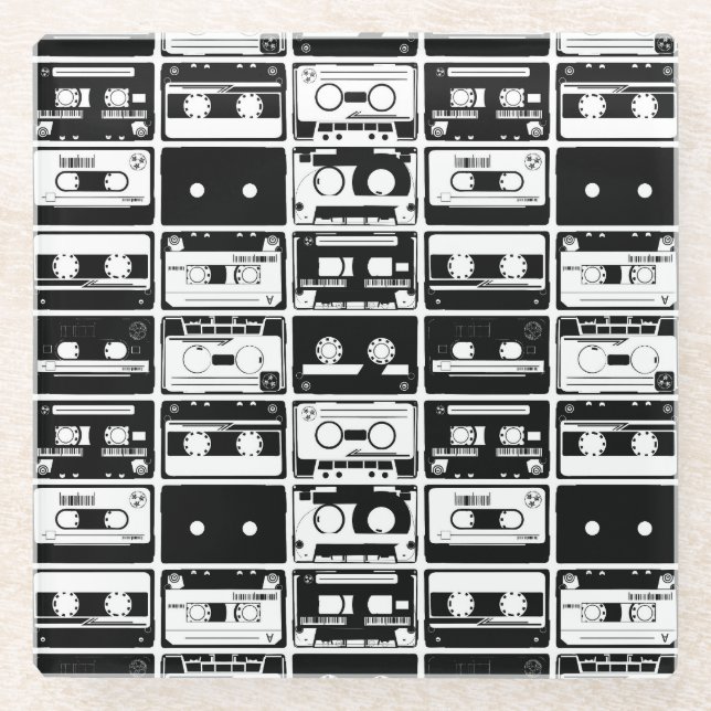 Retro-Audiobänder, altmodisches Muster. Glasuntersetzer (Vorderseite)