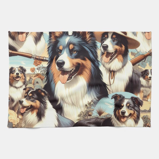 Retro Australian Shepherd Nahtlose Malerei Geschirrtuch (Horizontal)