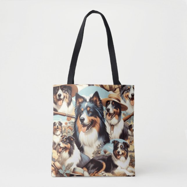 Retro Australian Shepherd Nahtlose Malerei Tasche (Vorderseite)